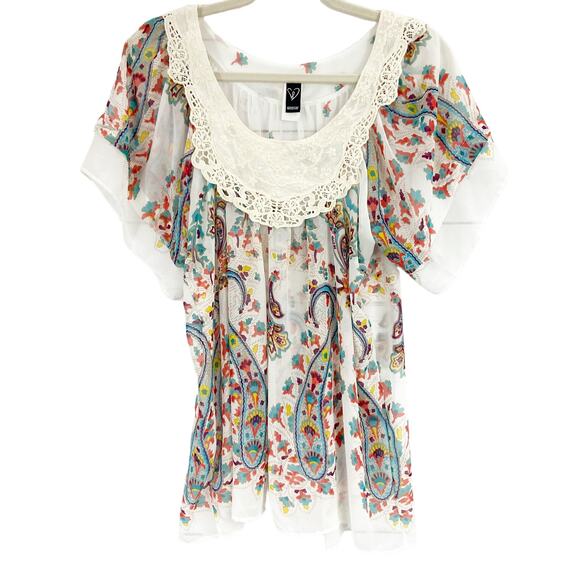 Windsor M Multicolor Boho Paisley Floral Crochet Lace Short Sleeve Chiffon Top - Picture 2 of 7